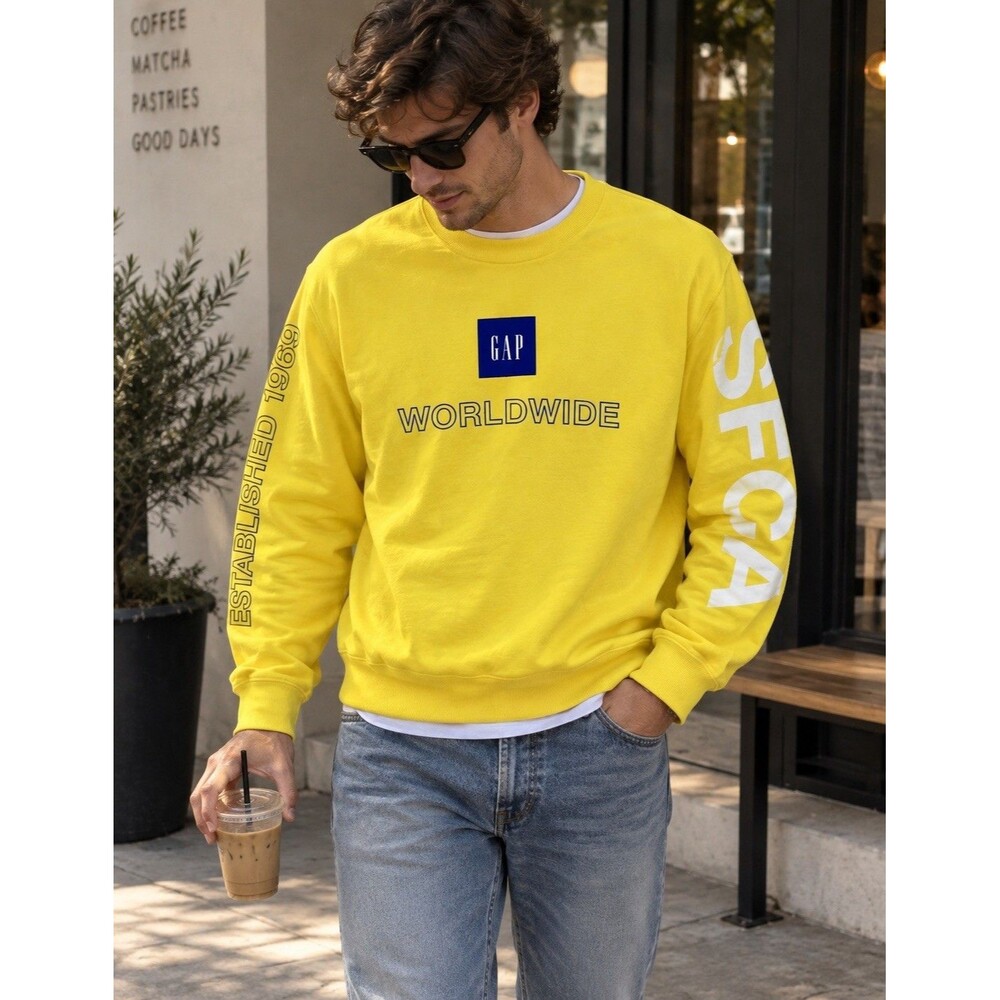 Gap Worldwide Sweatshirt Mens M Yellow Established 1969 Logo Streetwear